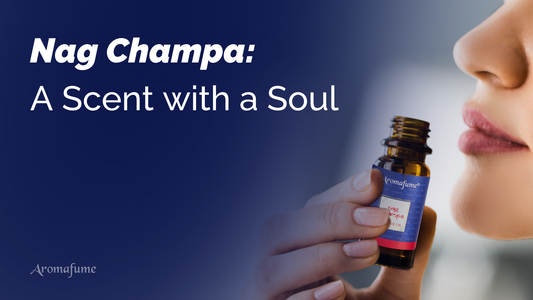 A person smelling Nag Champa essential oil, embracing its rich, soulful aroma with the text "Nag Champa – A Scent with a Soul."